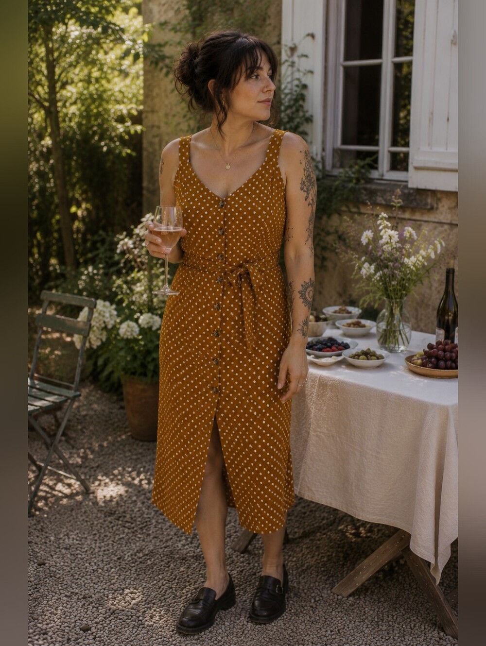 SHEIN Mustard Polka Dot Midi Dress